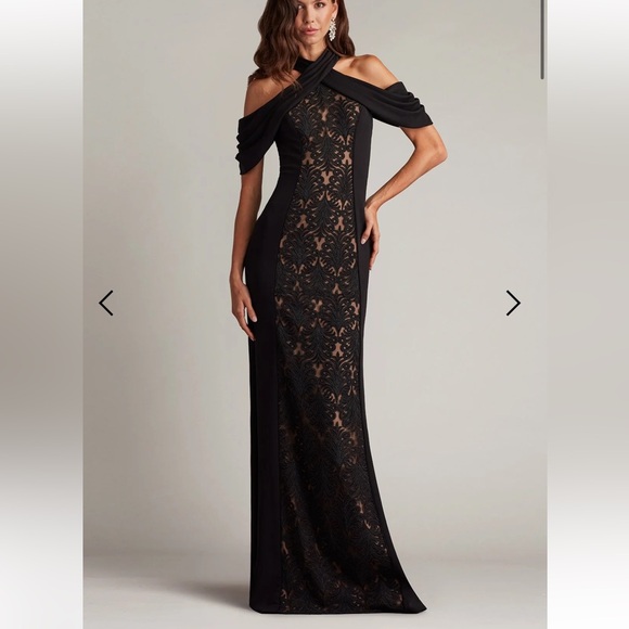 NWOT Tadashi Shoji lace panel and crepe drape cold shoulder gown - Picture 1 of 12
